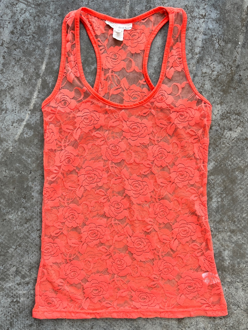 Derek Heart Tank Top Orange Floral Lace Sheer Mesh Racerback Women's Medium